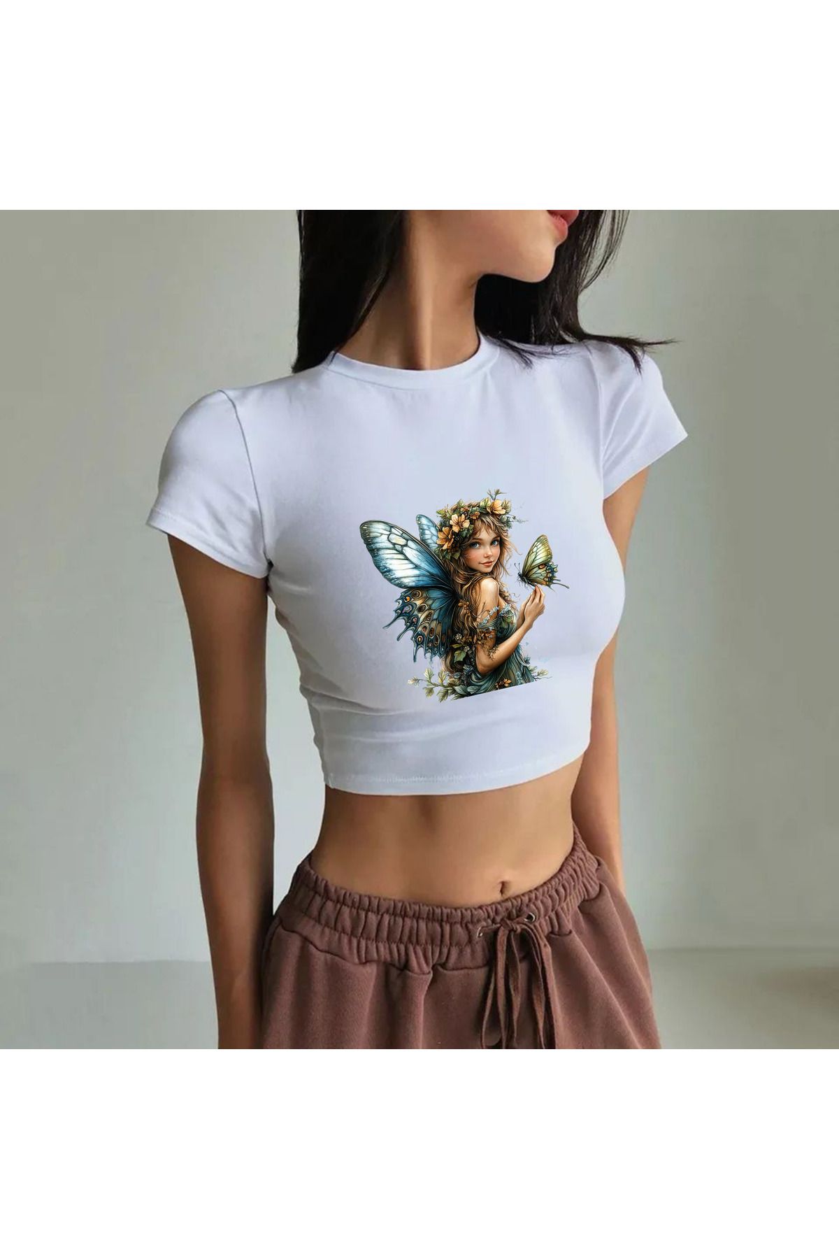 JadenJoy Kelebek Tutan Peri Desenli Beyaz Crop