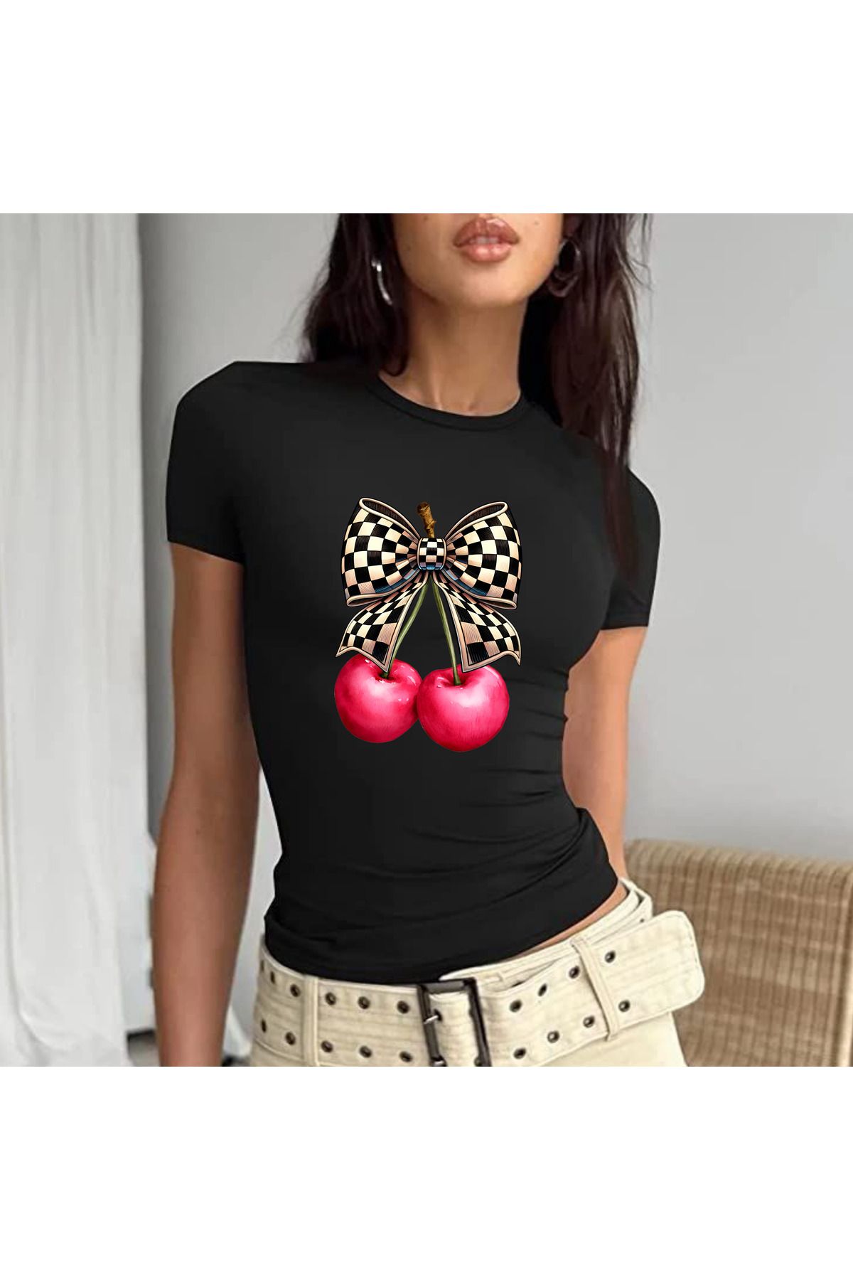 JadenJoy Fiyonklu Cherry Kiraz Figürlü Beyaz Baby Tee Crop