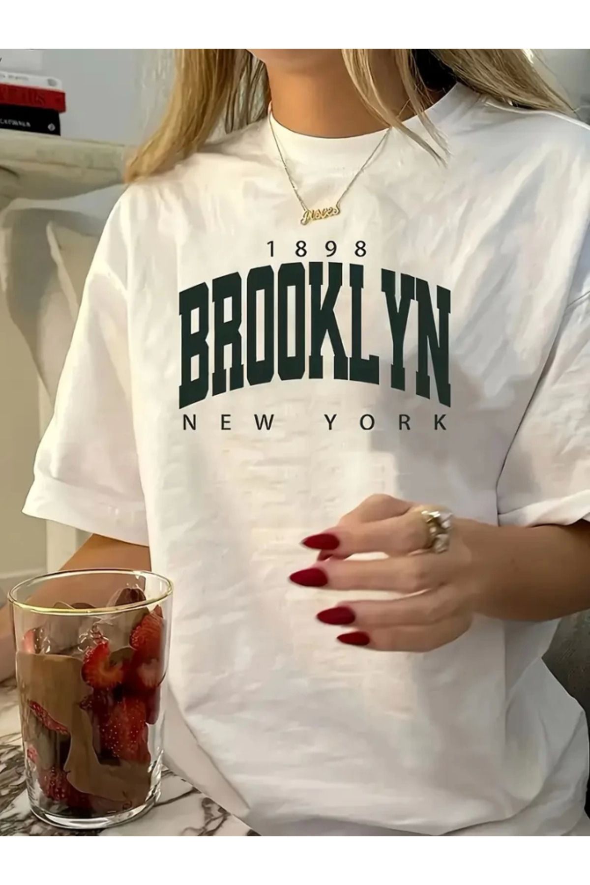 anizmir Baskılı Oversize Bisiklet Yaka T-shirt - Beyaz