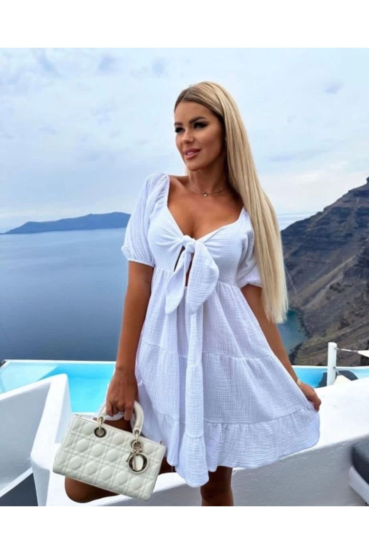 Butik Kadın Müslin Kumaş Fiyon Detay Mini Elbise