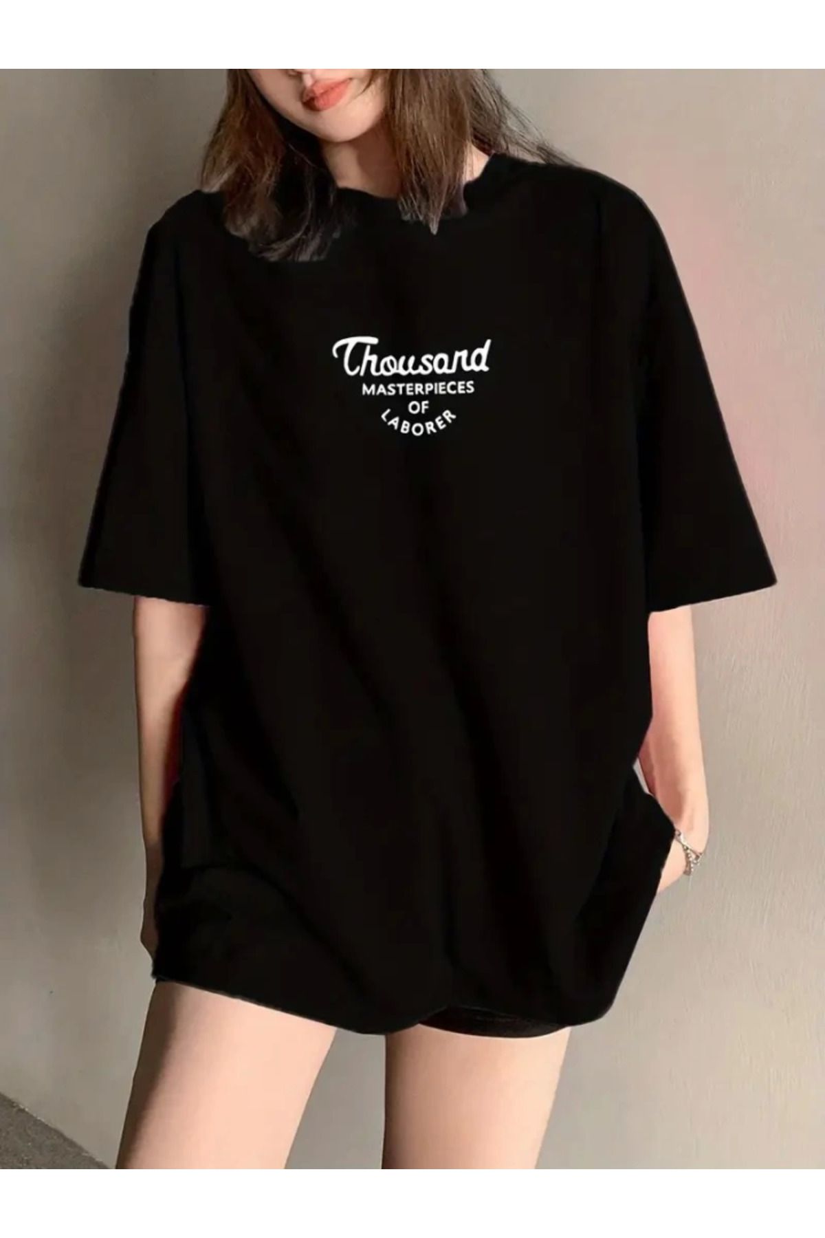 anizmir Thousand Baskılı Oversize Bisiklet Yaka T-shirt - Siyah
