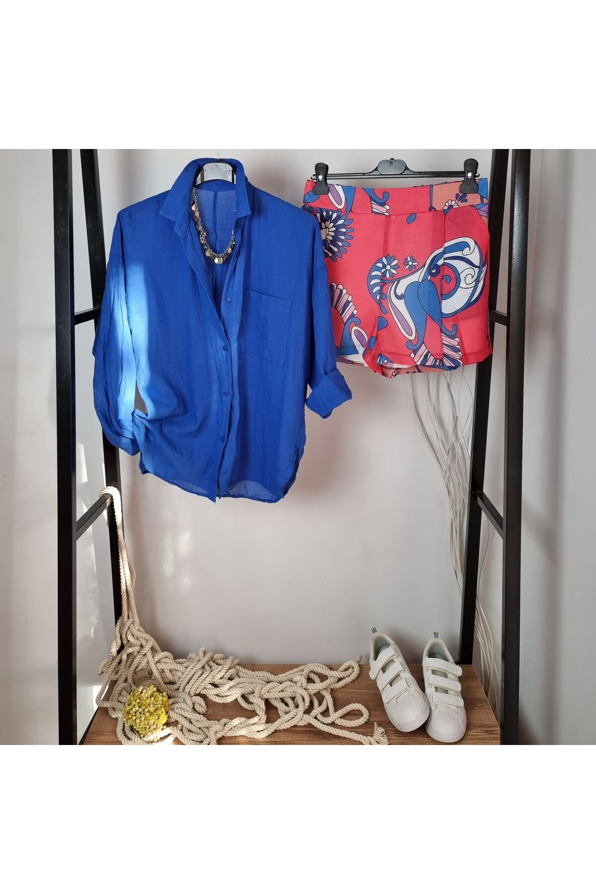 pudubutik Kırmızı Desenli Keten Dokulu Şort Slim Fit