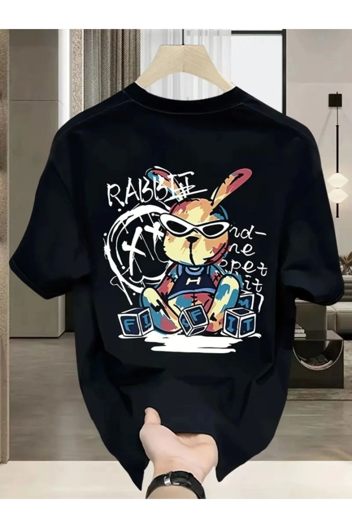 anizmir Baskılı Oversize Bisiklet Yaka T-shirt - Siyah