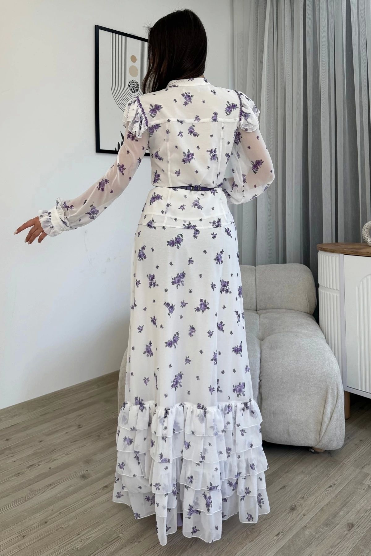 lodmela-Floral Pattern Blouse and Skirt Double Suit 4707-White/Purple 6