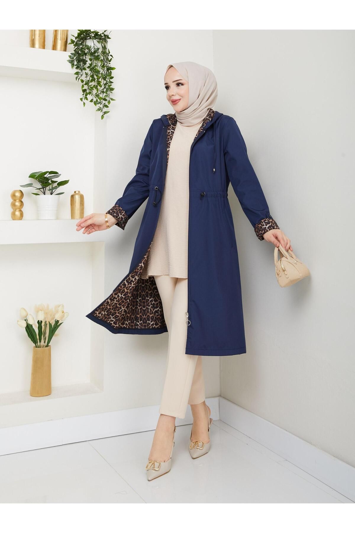 Dabenti women style Kadın Büyük Beden Leopar Detaylı Trençkot