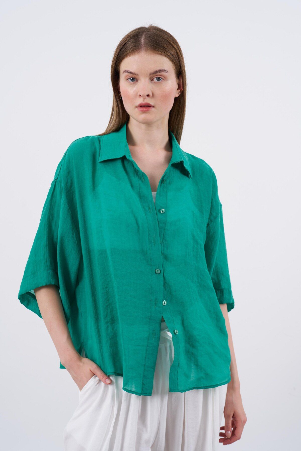 shieba outlet Premium Oversize tulle Kumaş Kısa Kol Gömlek