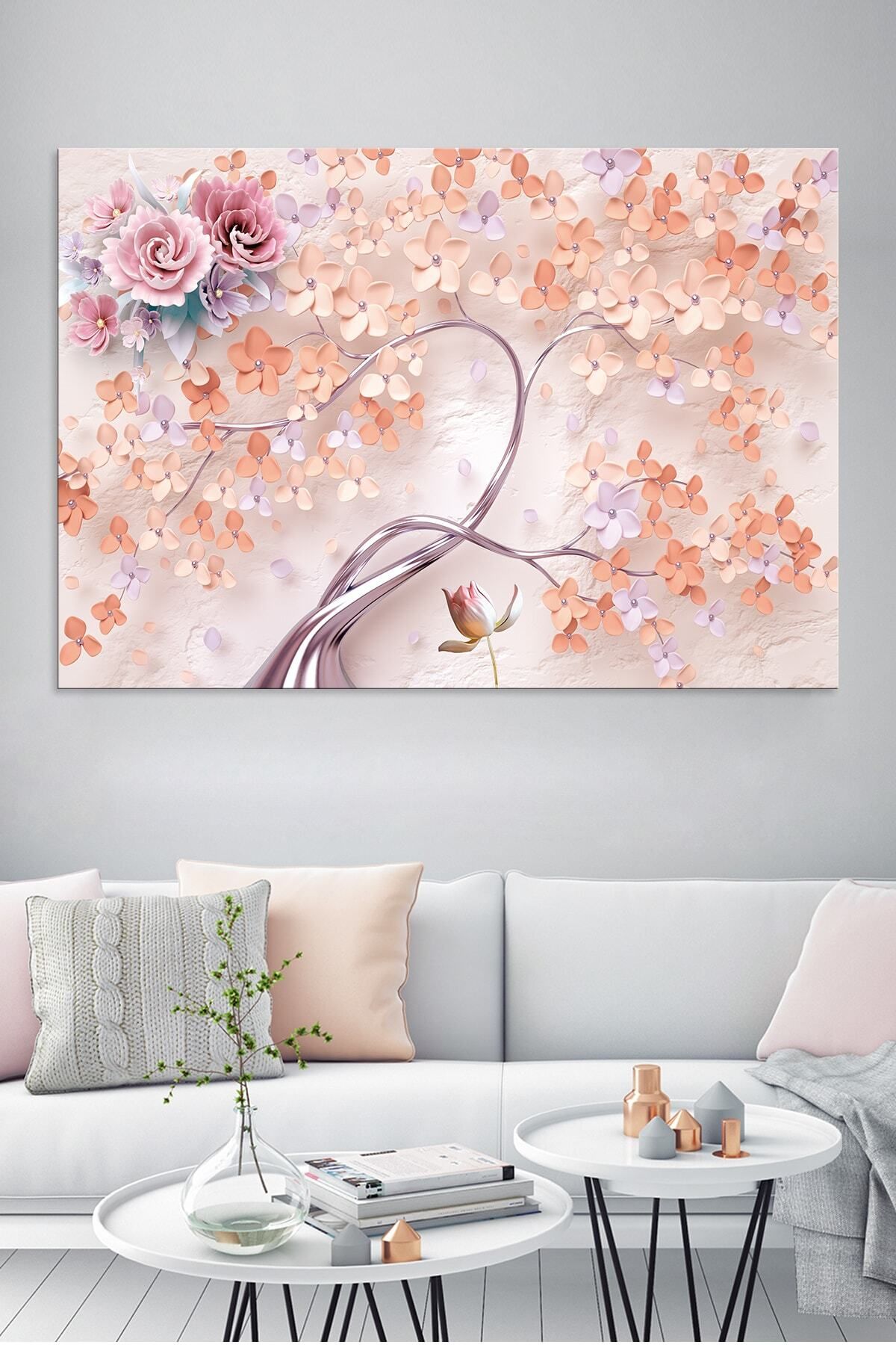 Morfil Sanat Atölyesi Pembe Çiçekler 3d Muhteşem Kanvas Tablo (7 Farklı Ölçü)