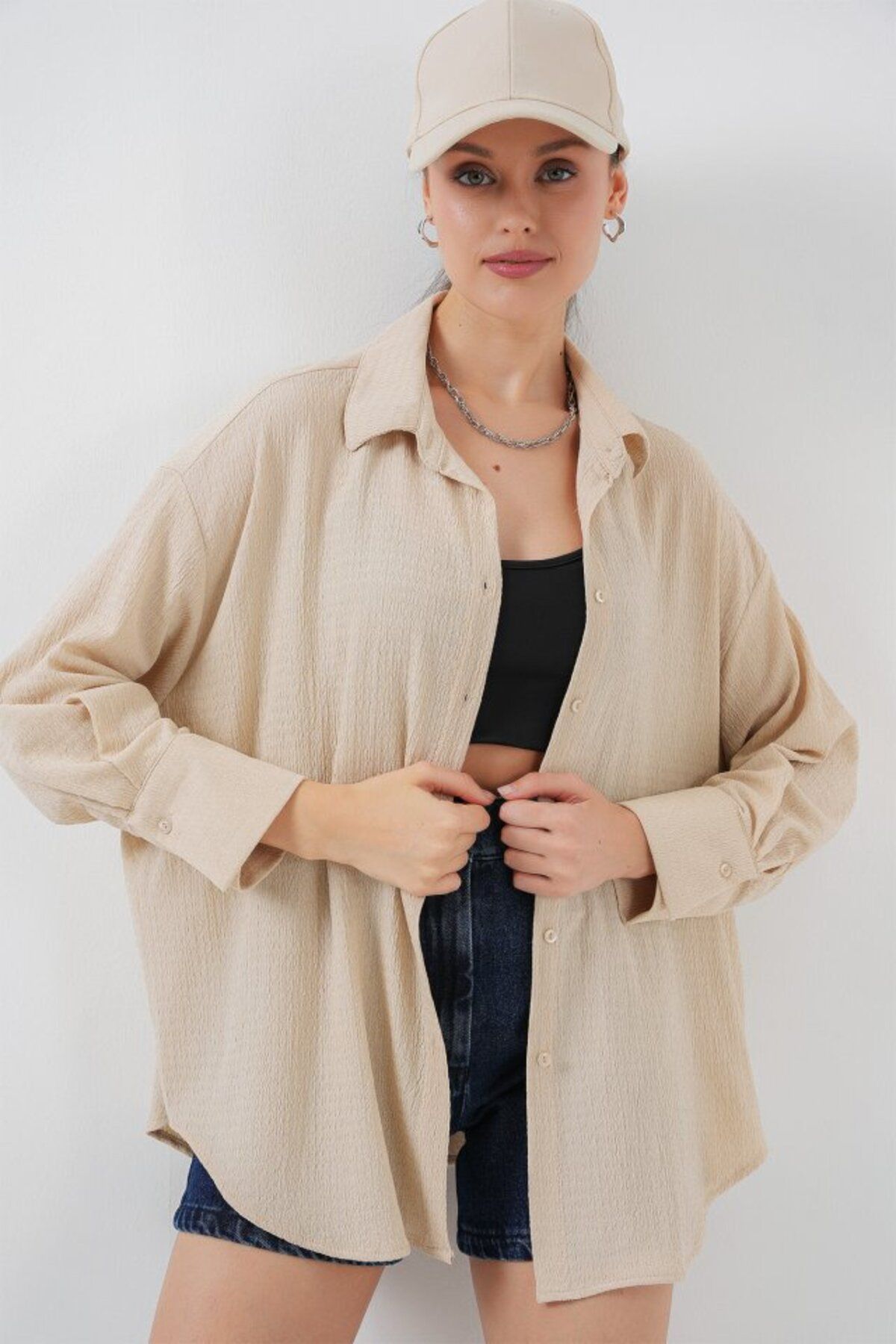 ARUZ MODA Örme Oversize Gömlek 20264 - Bej