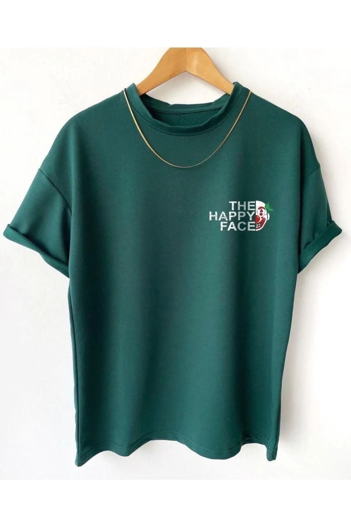 ROYAL FASHİON Happy Face T-Shirt - Yeşil Baskılı Oversize Bisiklet Yaka Baskılı Kısa Kol