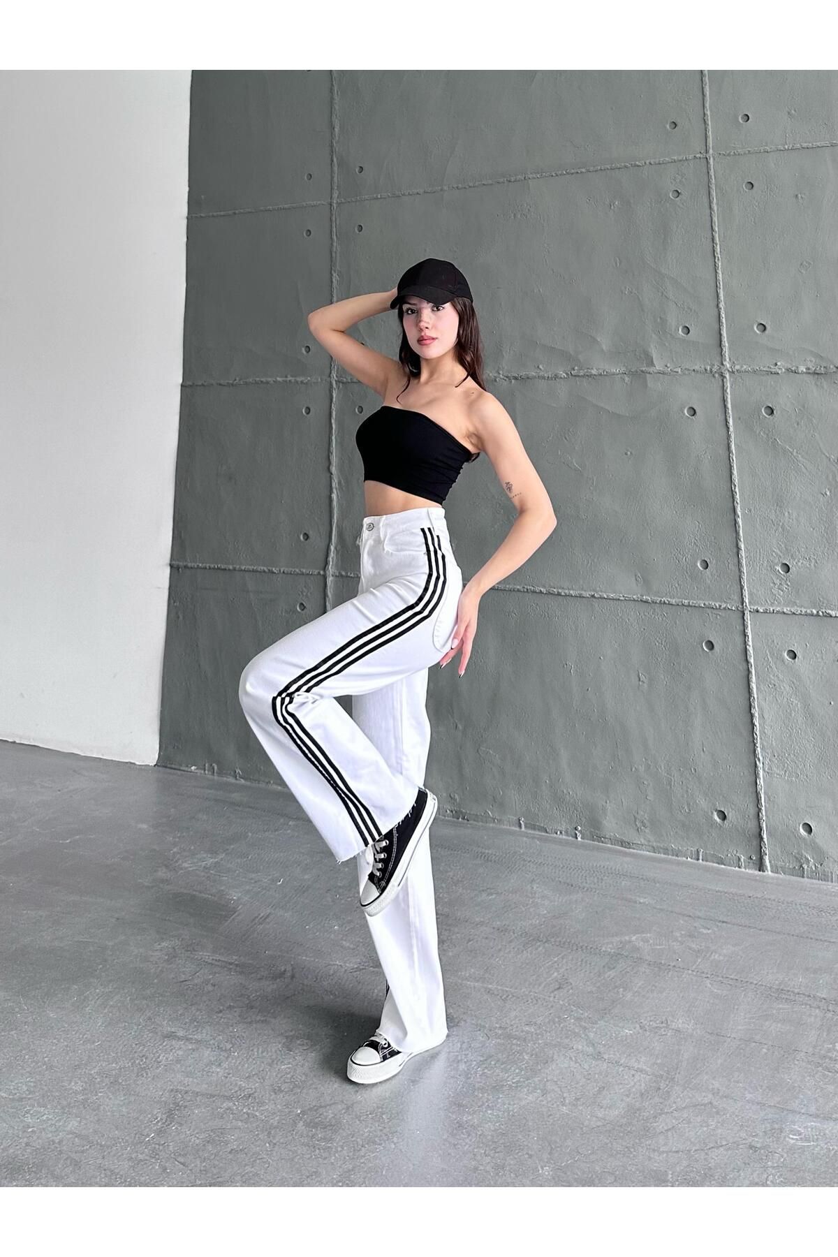 Bluezoni Beyaz Siyah Şeritli Model Regular Fit Rahat Kesim Esnek Likralı Denim Jeans Kot Pantolon