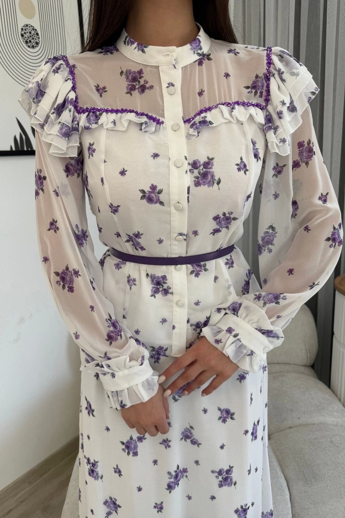 lodmela-Floral Pattern Blouse and Skirt Double Suit 4707-White/Purple 4
