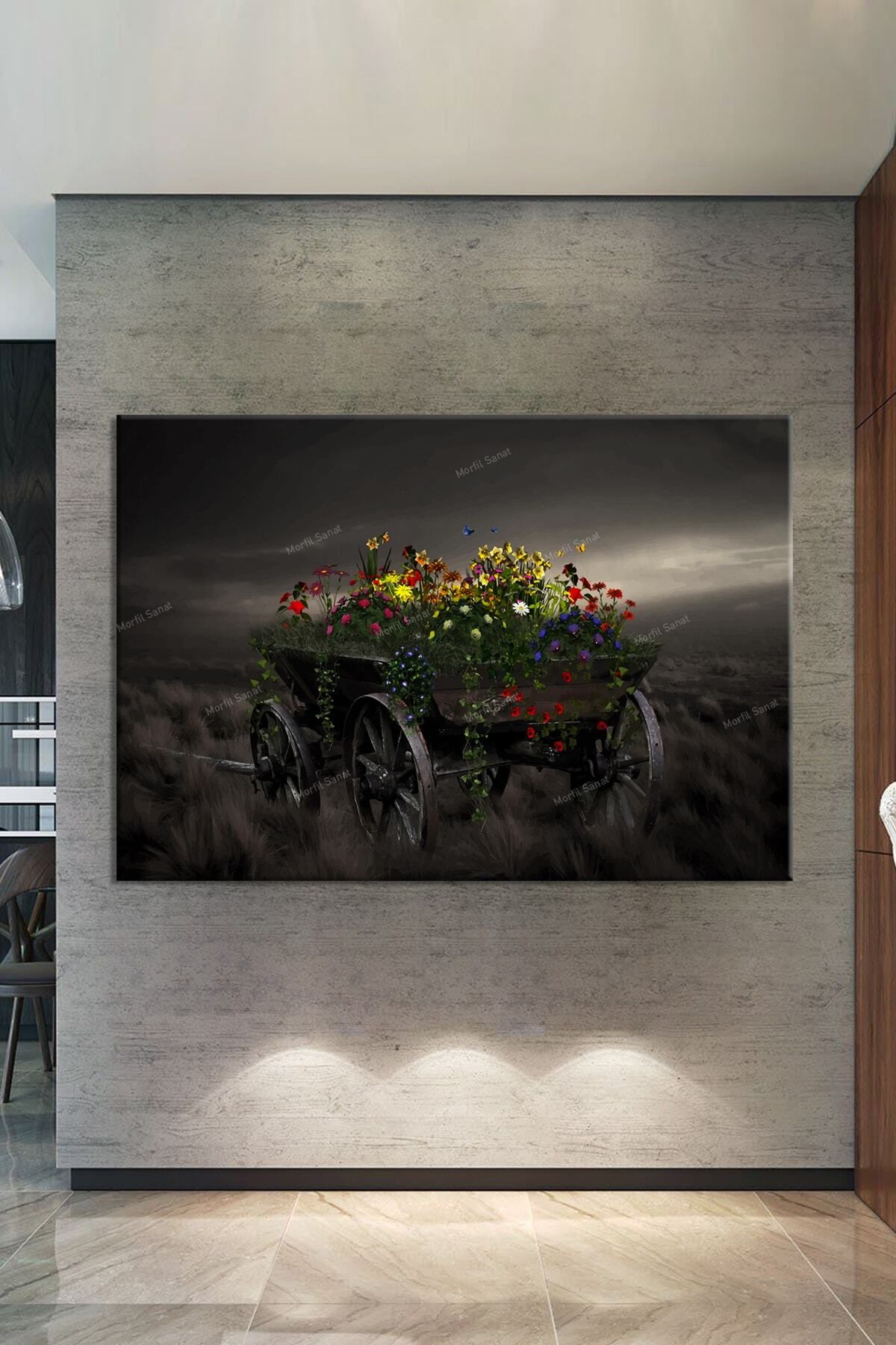 Morfil Sanat Atölyesi At Arabası Çiçekler Sanatsal Dekoratif Kanvas Tablo