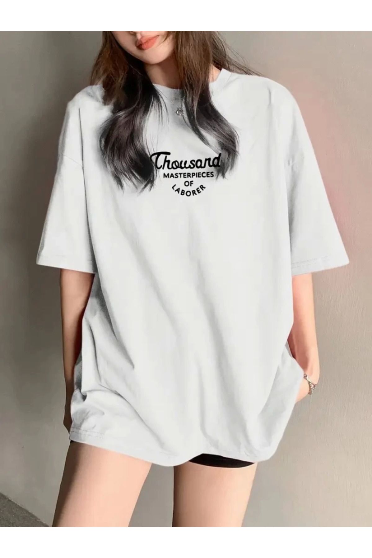 anizmir Thousand Baskılı Oversize Bisiklet Yaka T-shirt - Beyaz