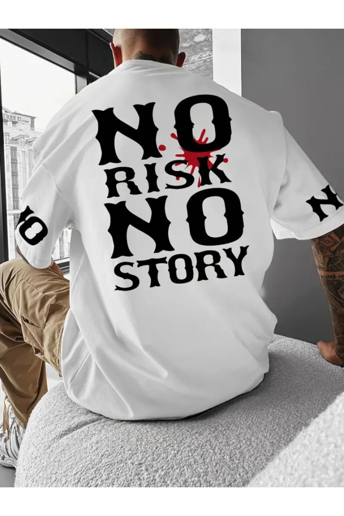 anizmir Baskılı Oversize Bisiklet Yaka T-shirt - Beyaz