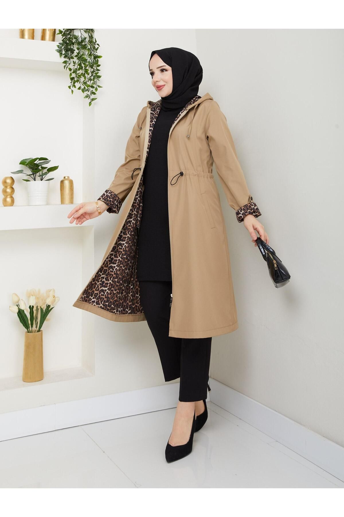 Dabenti women style Kadın Büyük Beden Leopar Detaylı Trençkot