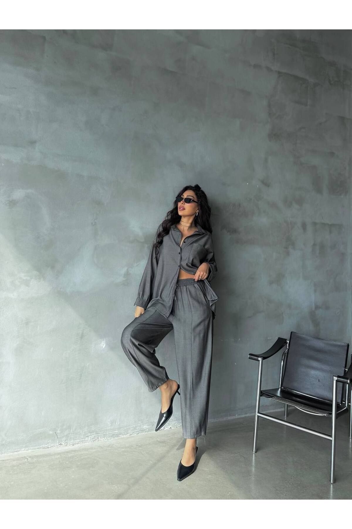 Castivo Fashion Cepli Dökümlü Oversize Gömlekli Beli Lastikli Takım