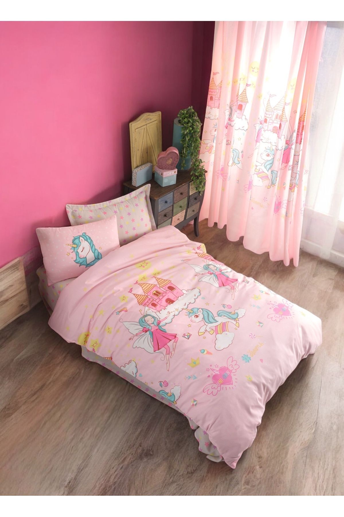 pepuza Kolay Ütülenir Nevresim Takımı Tek Kişilik Mystic Unicorn Pembe