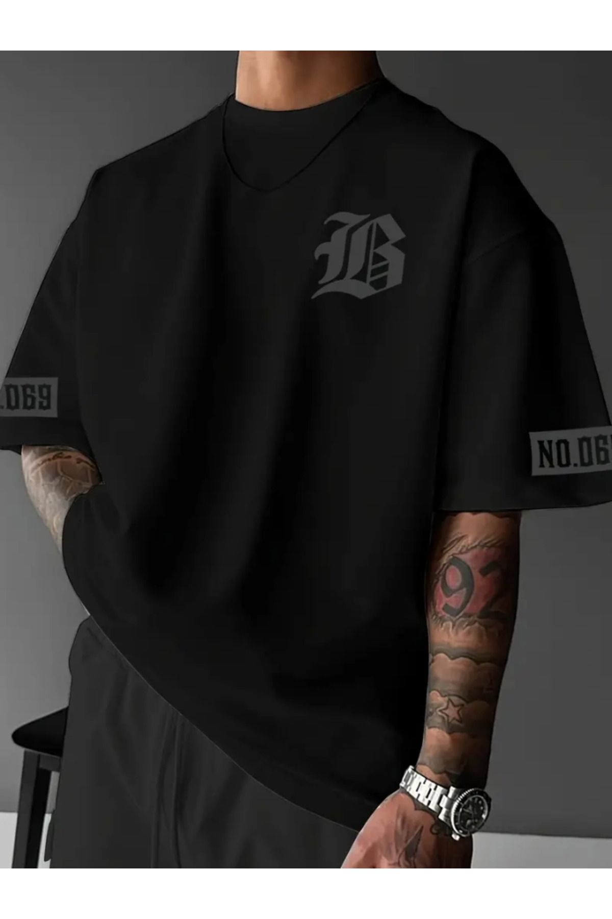 anizmir Baskılı Oversize Bisiklet Yaka T-shirt - Siyah