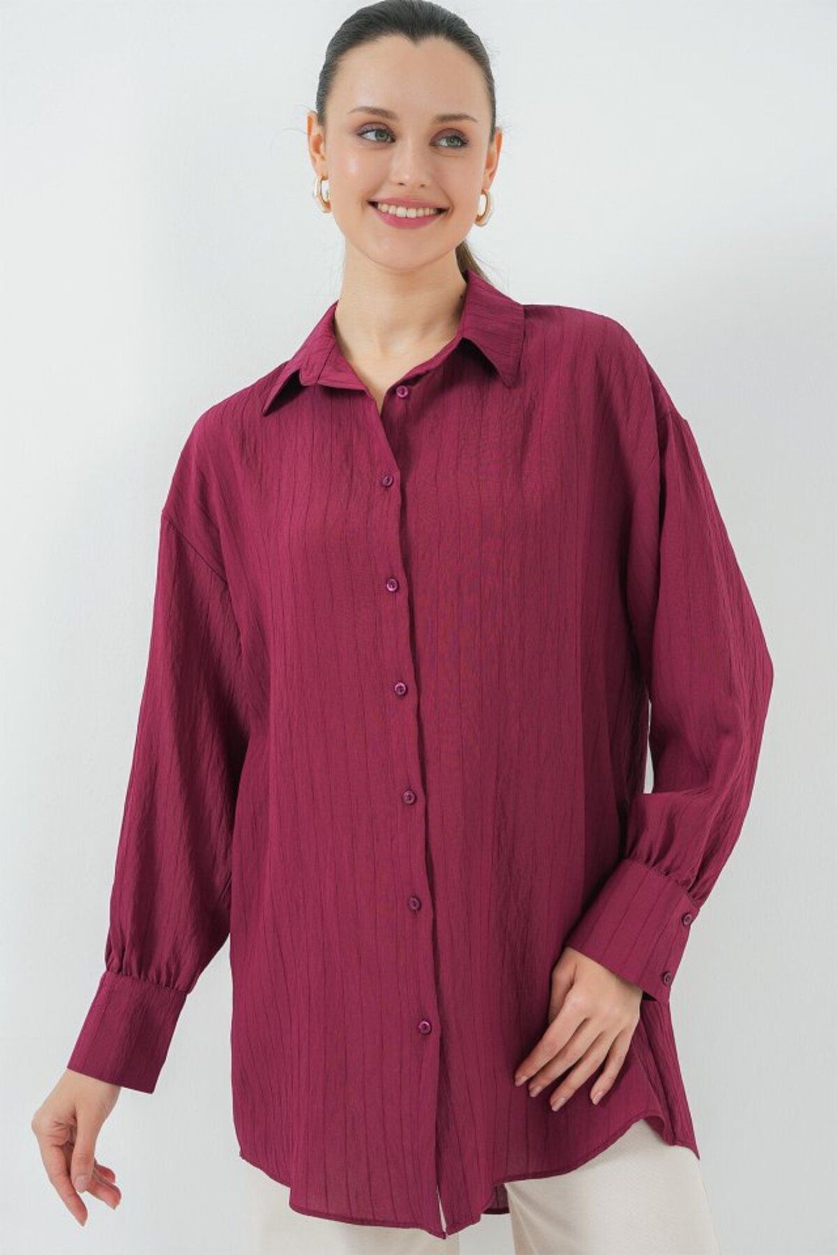 ARUZ MODA Çizgili Uzun Gömlek Tunik - Bordo
