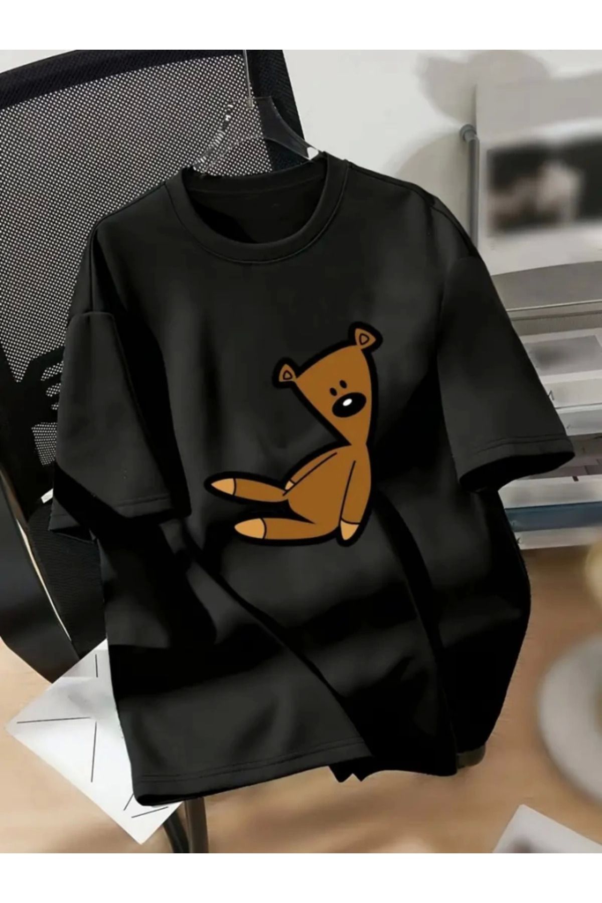 anizmir Baskılı Oversize Bisiklet Yaka T-shirt - Siyah