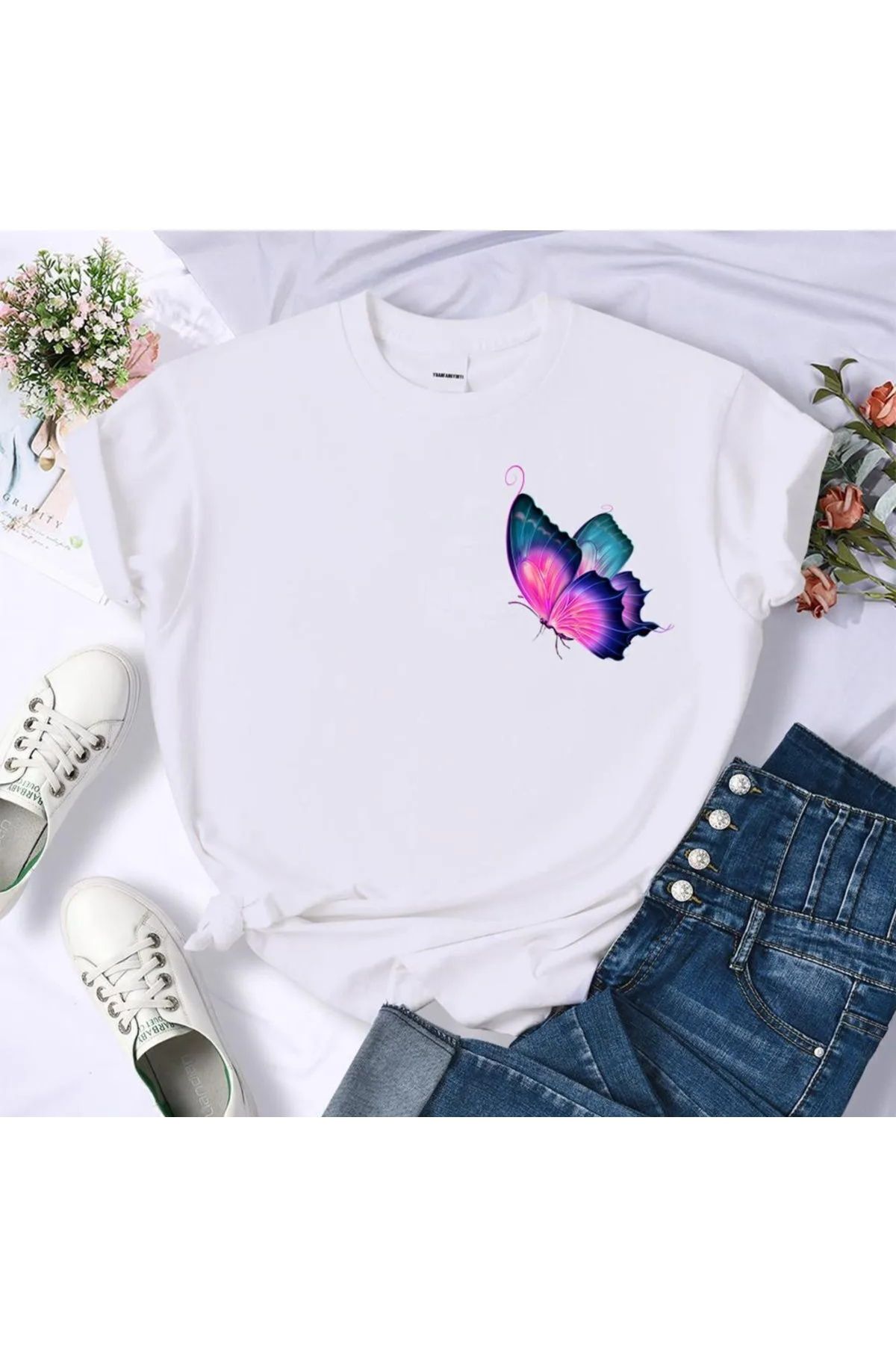 venüsdijital Renkli kelebek Baskılı Pamuk T-shirt