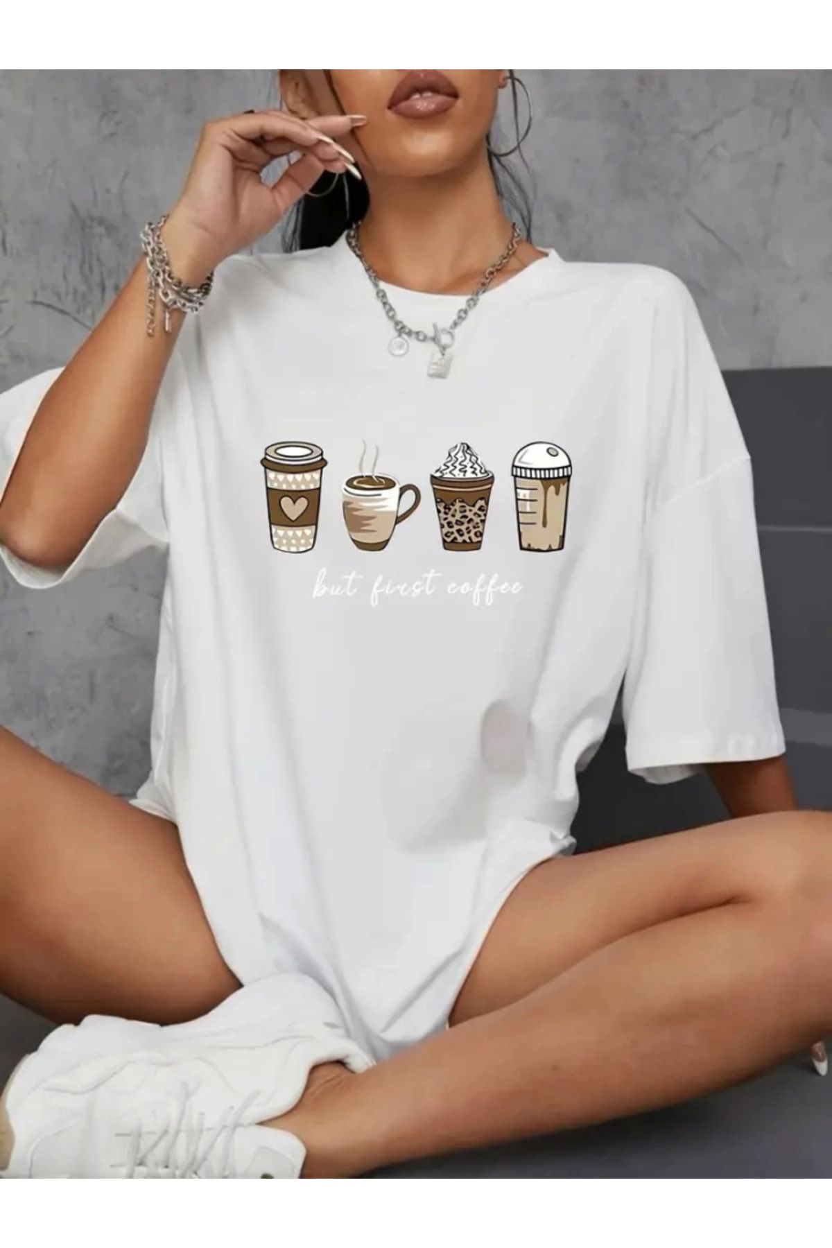 anizmir Baskılı Oversize Bisiklet Yaka T-shirt - Beyaz
