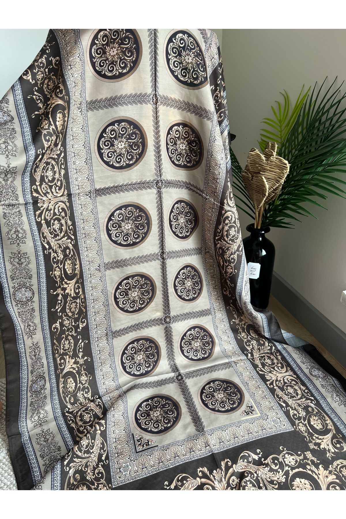 VaVscarfs Versa Desen Pamuk İpek Şal Ceviz Yeşili-Mint