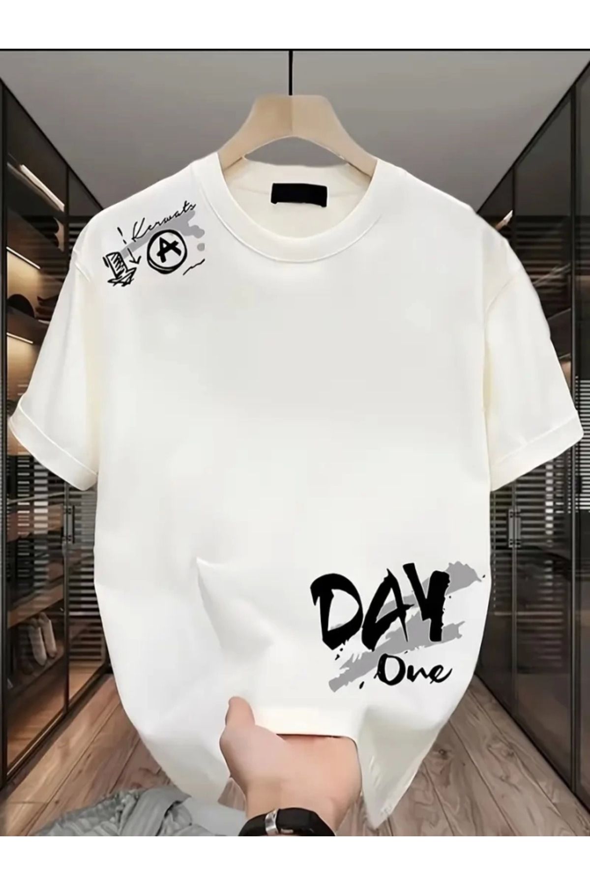 anizmir Baskılı Oversize Bisiklet Yaka T-shirt - Beyaz
