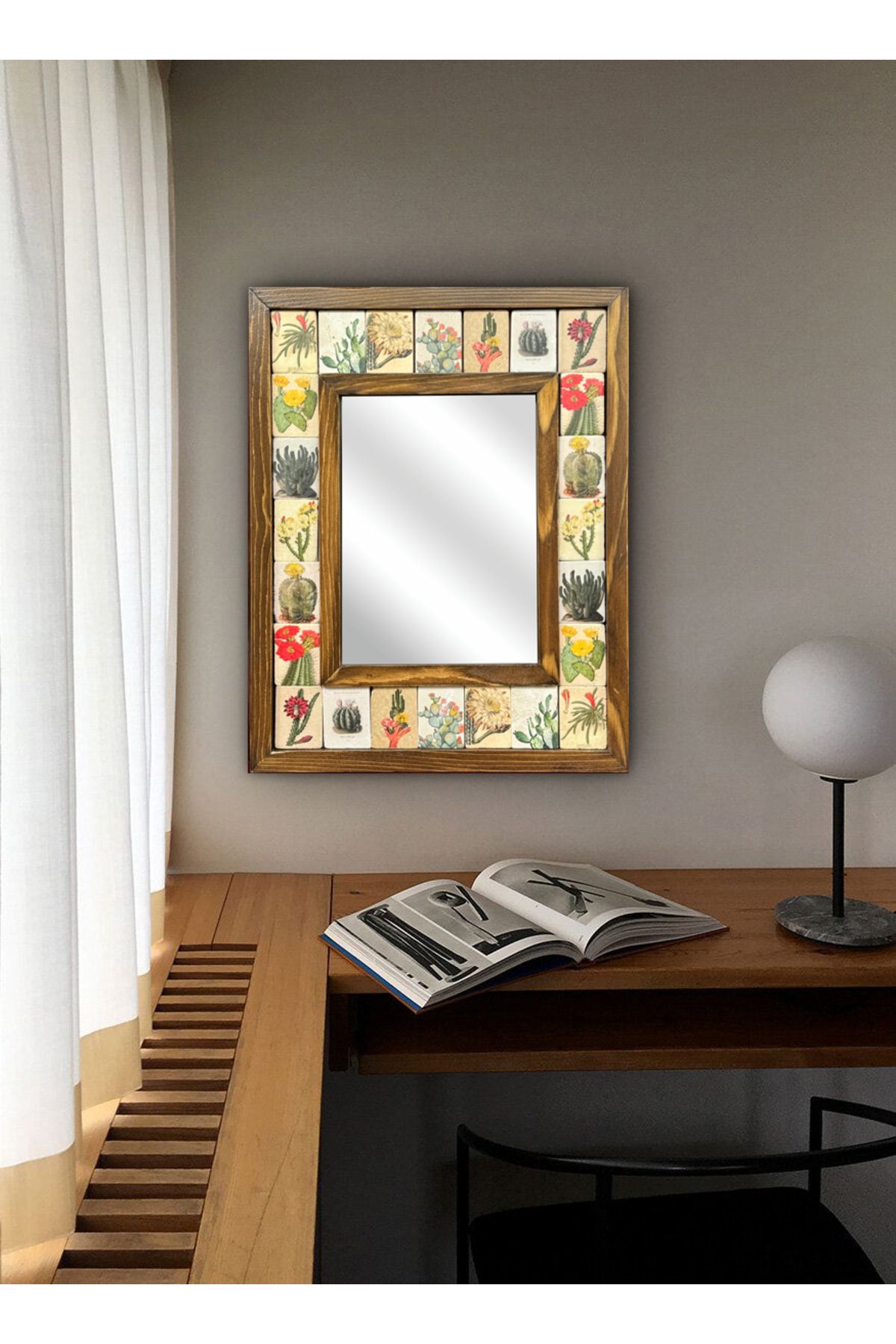 Butik Doğal Ahşap Çerçeveli UV Baskılı Taş Ayna 36x46 cm (Kaktüs Desen) Konsol Aynası