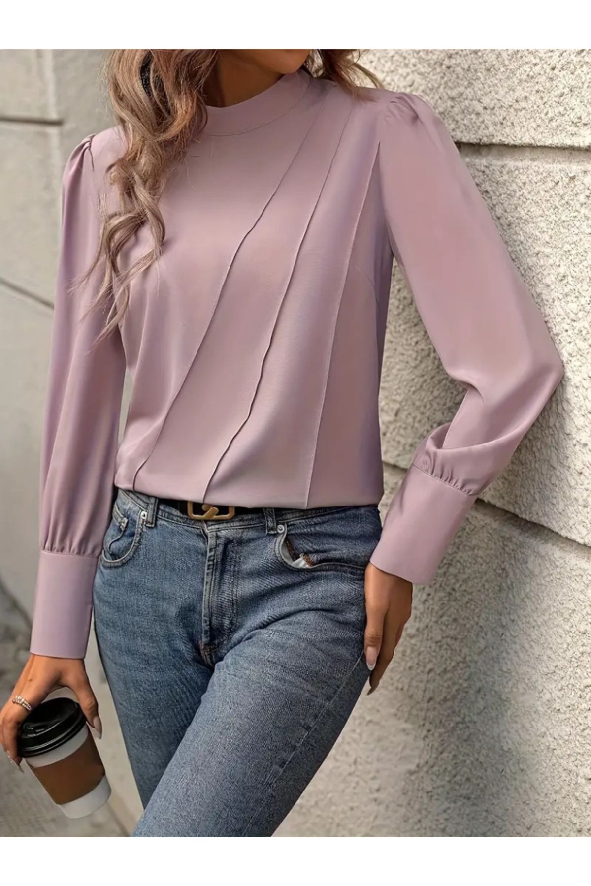 ARUZ MODA Kadın Uzun Kollu Balıkçı Yaka önden Dikişli Dokuma Bluz