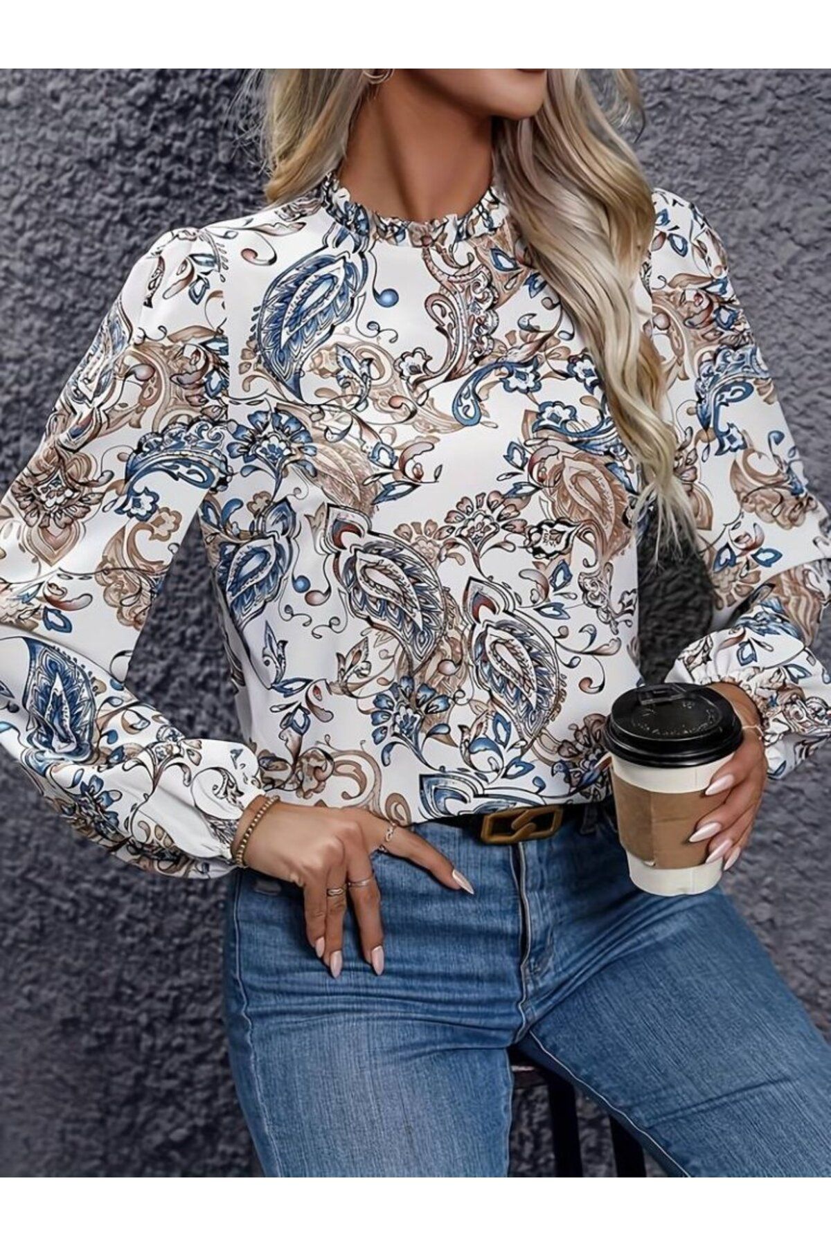 ARUZ MODA Kadın Uzun Kollu Yarı Balıkçı Yaka Desenli Süprem Bluz
