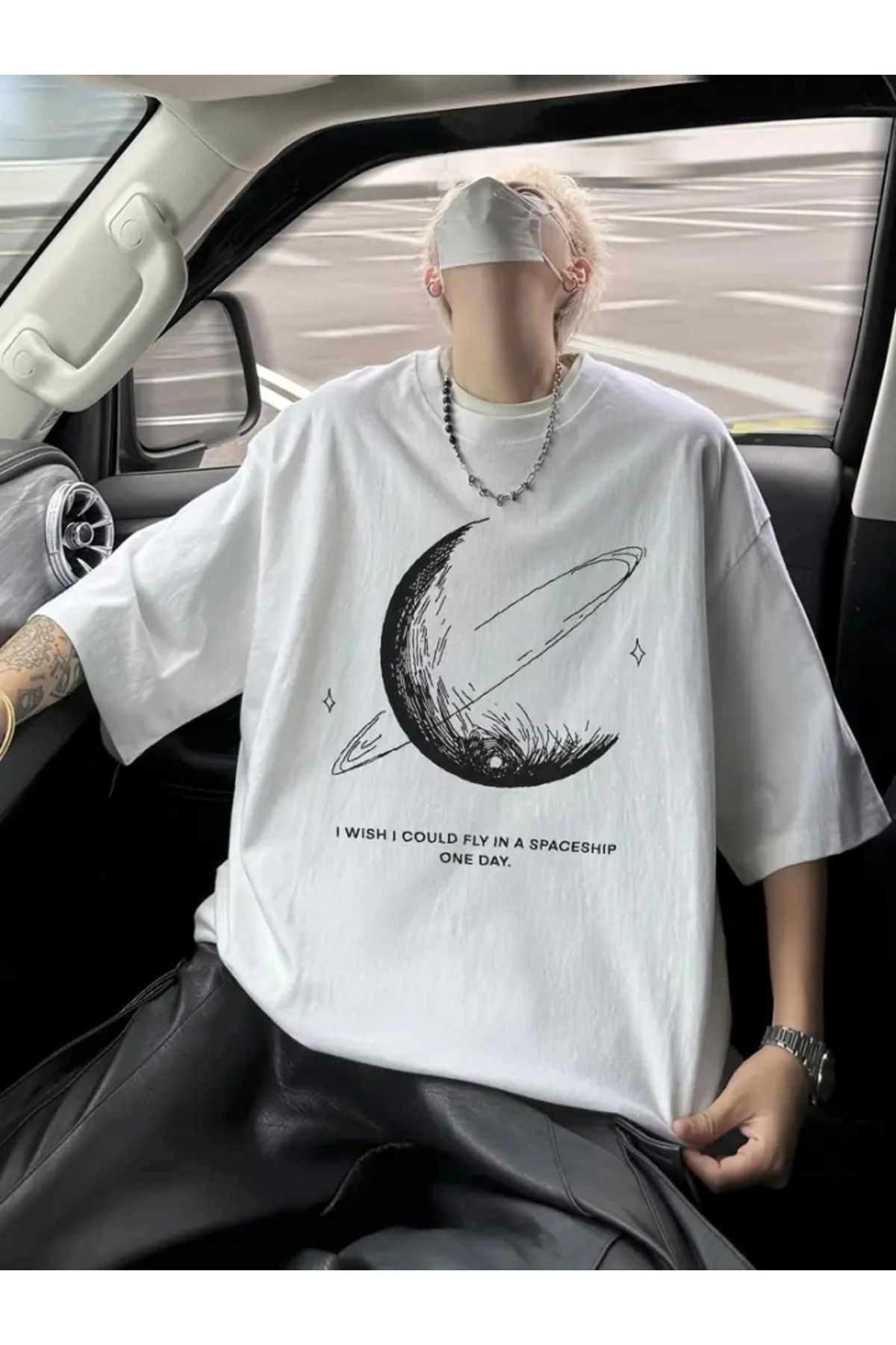 anizmir Baskılı Oversize Bisiklet Yaka T-shirt - Beyaz
