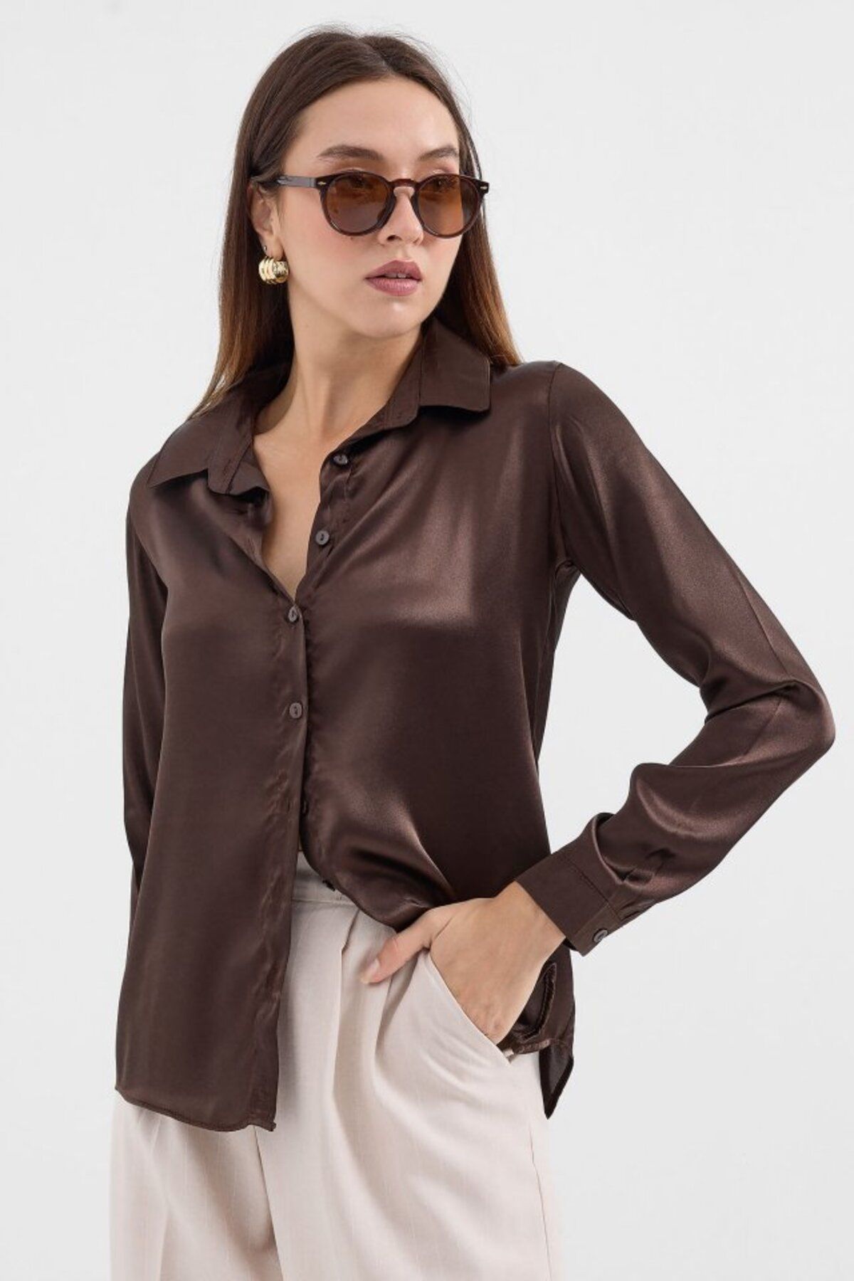 ARUZ MODA 3964 Hafif Dökümlü Saten Gömlek - Kahverengi