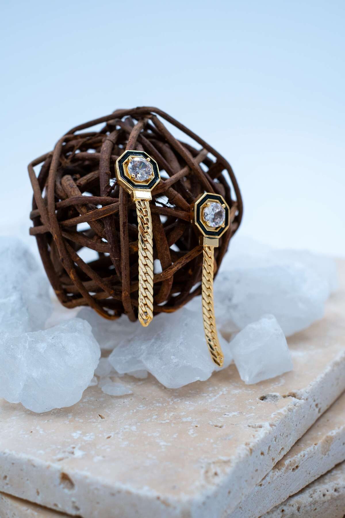 ATELİER BEREN Royal Chain – Zincir Altıgen Detaylı Taşlı Küpe