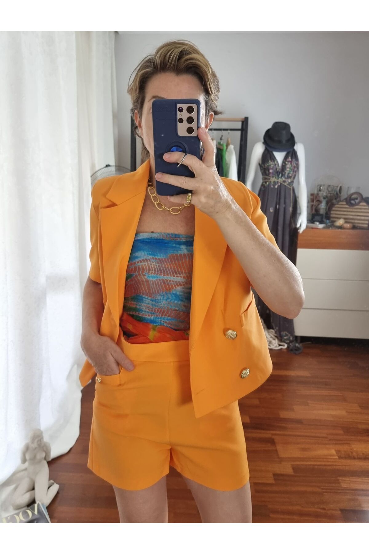 pudubutik Gold Düğme Detaylı Oranj Klasik Şort Slim Fit