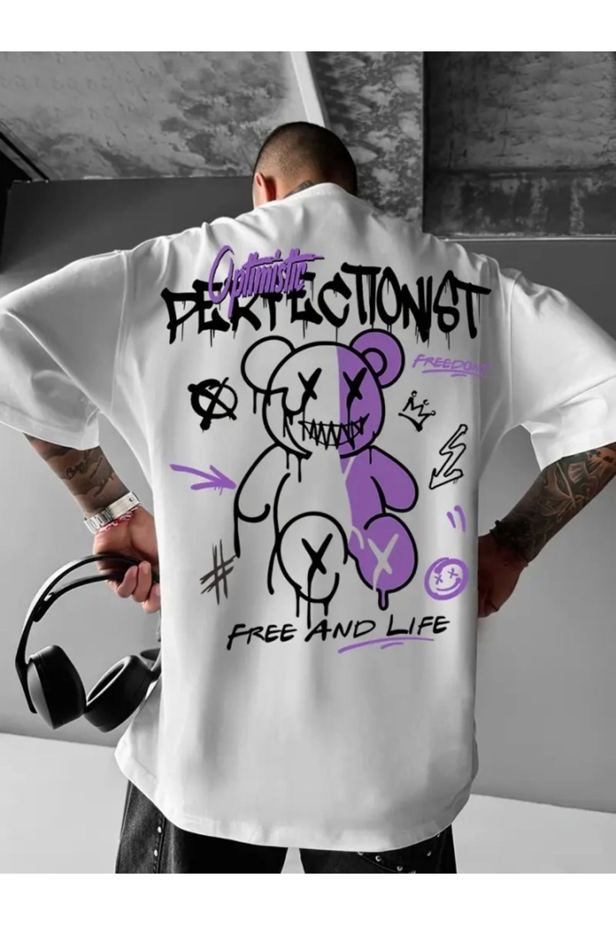 anizmir Baskılı Oversize Bisiklet Yaka T-shirt - Beyaz