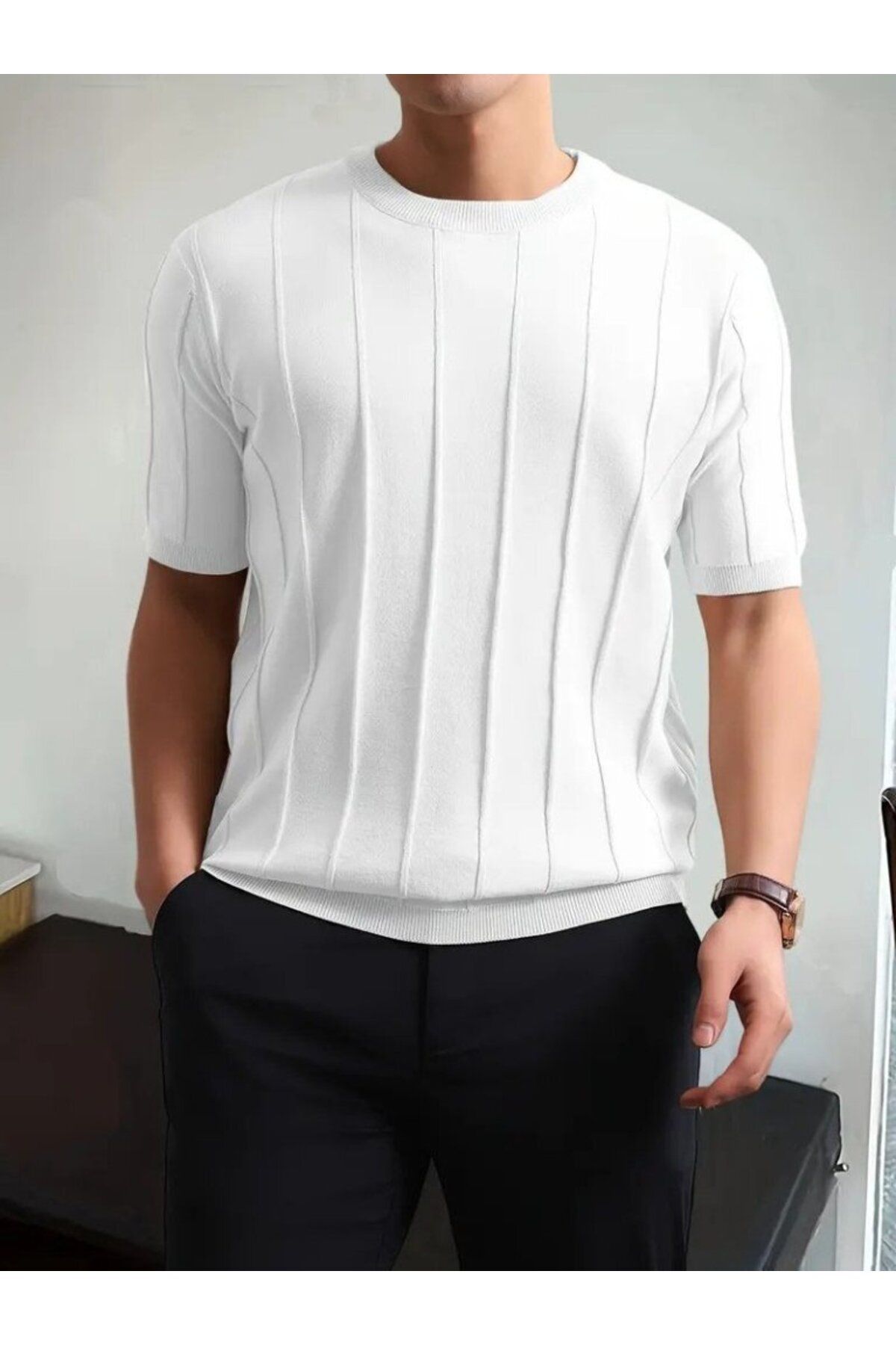 anizmir Erkek Kısa Kollu Bisiklet Yaka çizgili Triko Tshirt