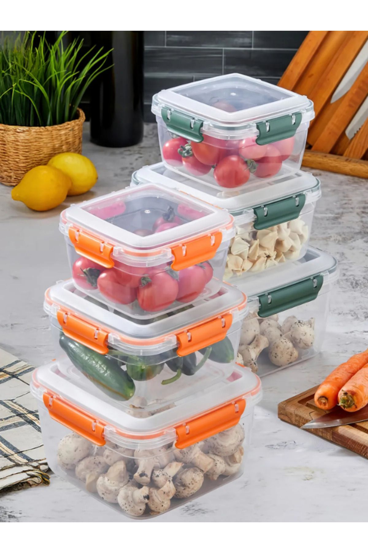 GLOWART Ceramıc & Porcelaın & Kitchenware Sızdırmaz Kilitli Vakum Kapaklı Gıda Erzak Kare Saklama Kabı Seti