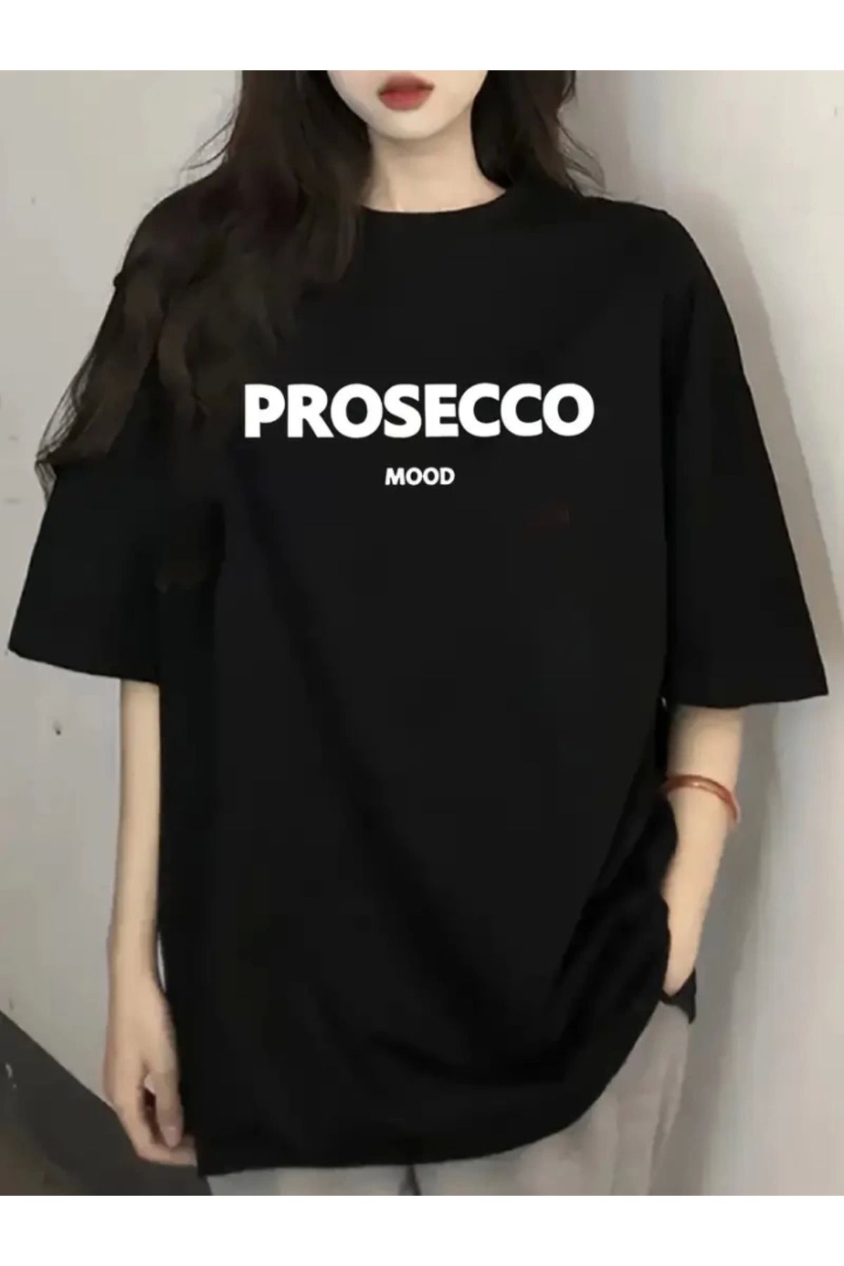 anizmir Baskılı Oversize Bisiklet Yaka T-shirt - Siyah