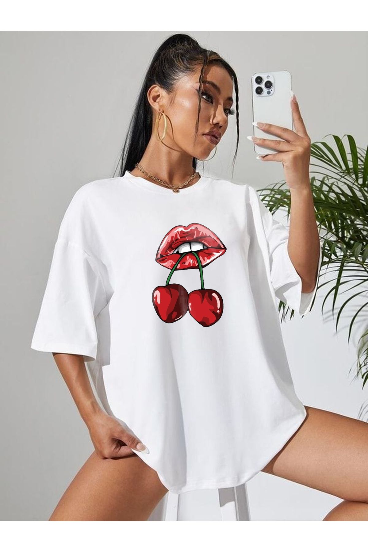 TekTarzz Unisex Kiraz Baskılı Tasarım Tshirt