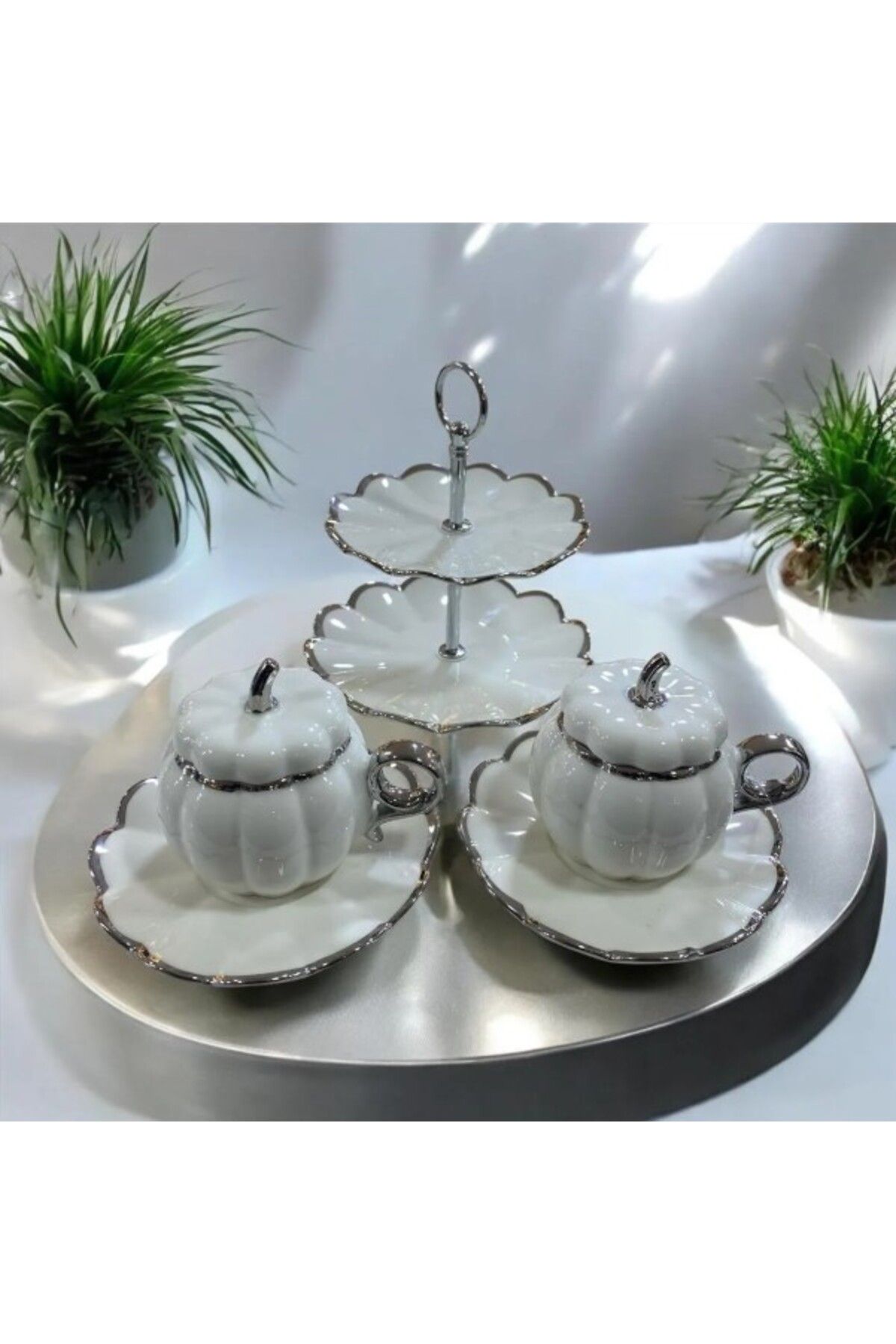 ACAR 7647 Betty 2 Li Standlı Mini Pasta Set & Fincan Takımı Silver