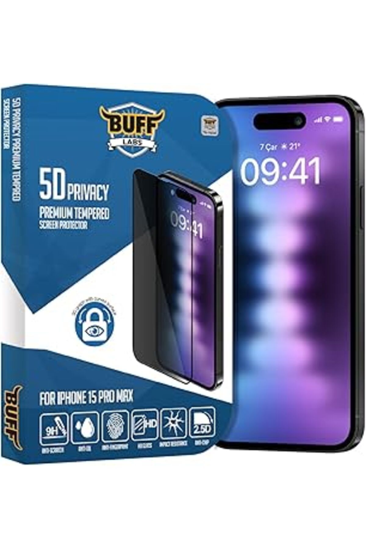 Pazarcan Buff Labs Iphone 15 Pro Max Ile Uyumlu 5D Privacy Hayalet Ekran Koruyucu