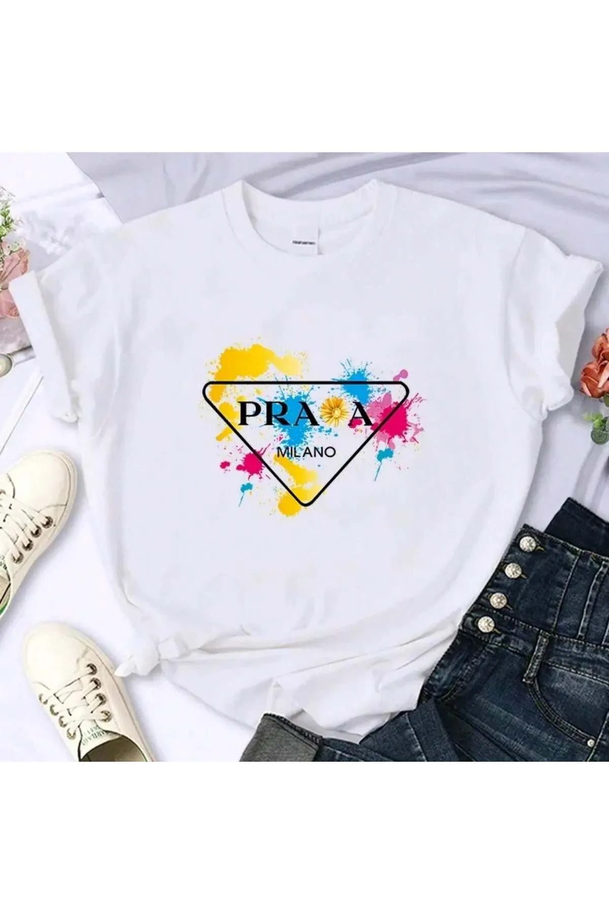 ROYAL FASHİON Pra Milano T-shirt - Beyaz Oversize Baskılı Bisiklet Yaka Baskılı Kısa Kol Bol
