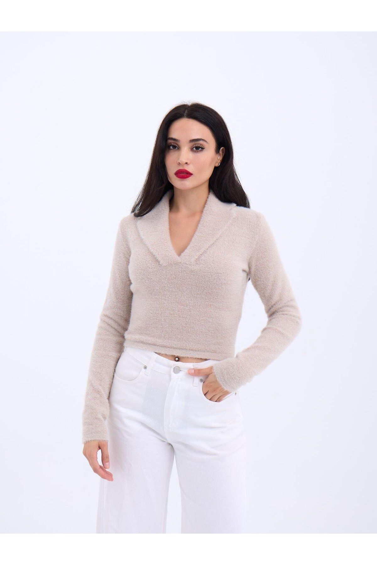 anizmir 42531 TRİKO SİMLİ YAKALI CROP-TAŞ