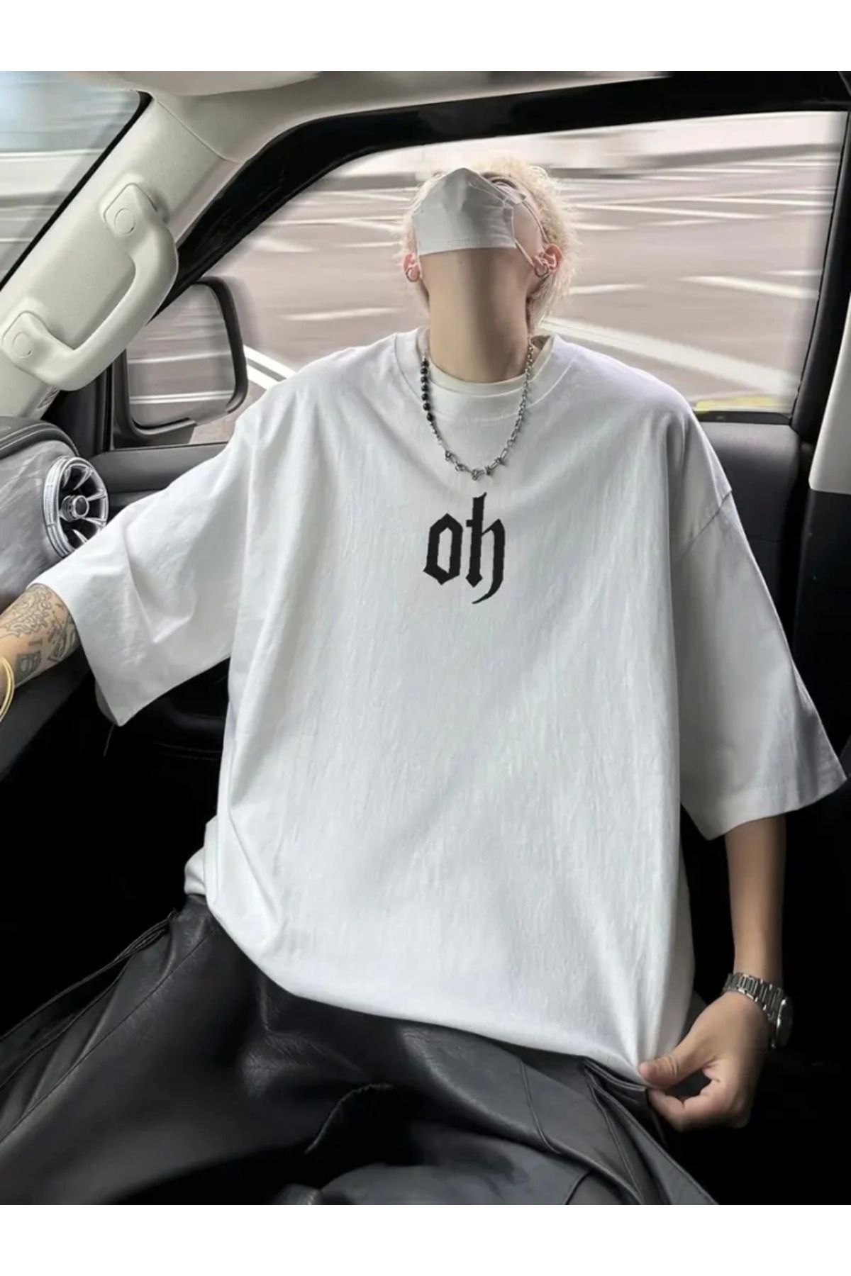 anizmir Baskılı Oversize Bisiklet Yaka T-shirt - Beyaz