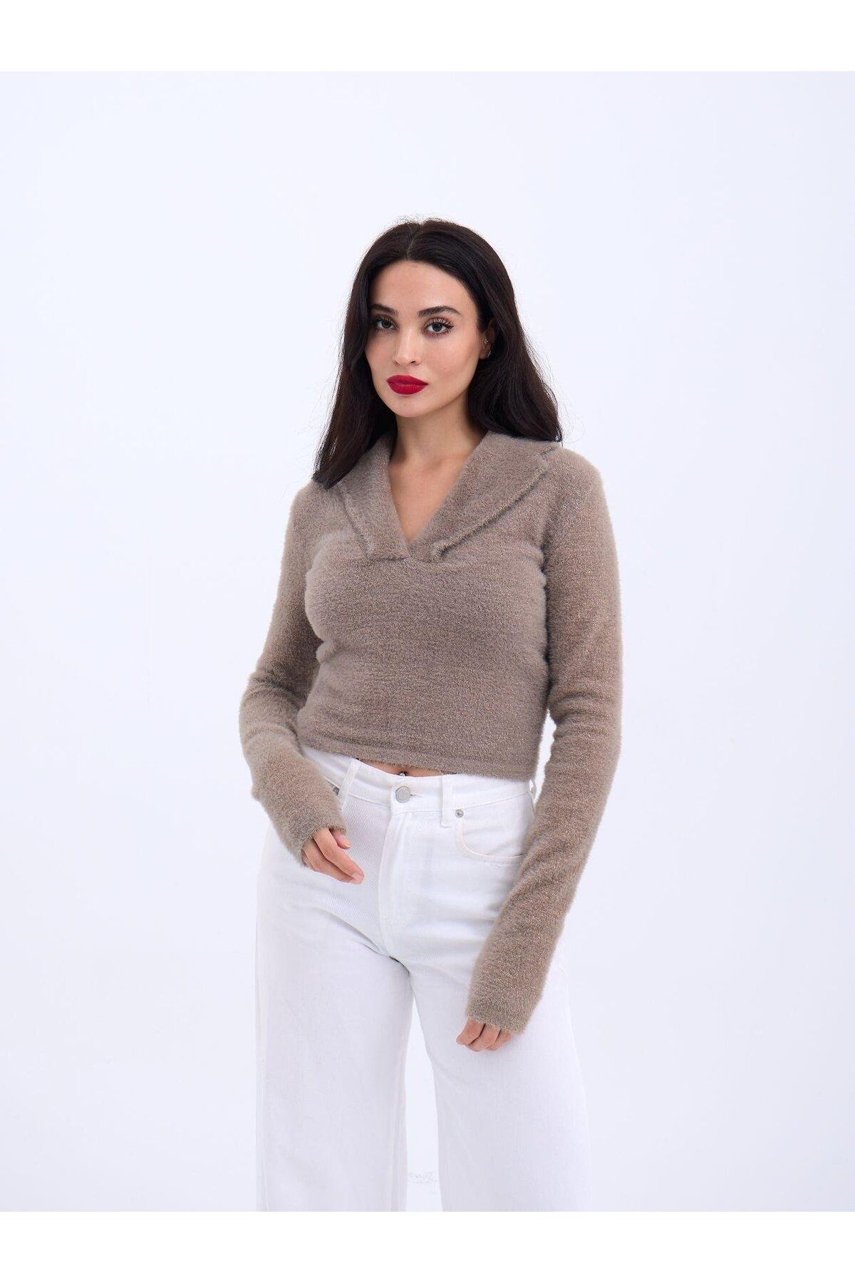 anizmir 42531 TRİKO SİMLİ YAKALI CROP-KAHVE