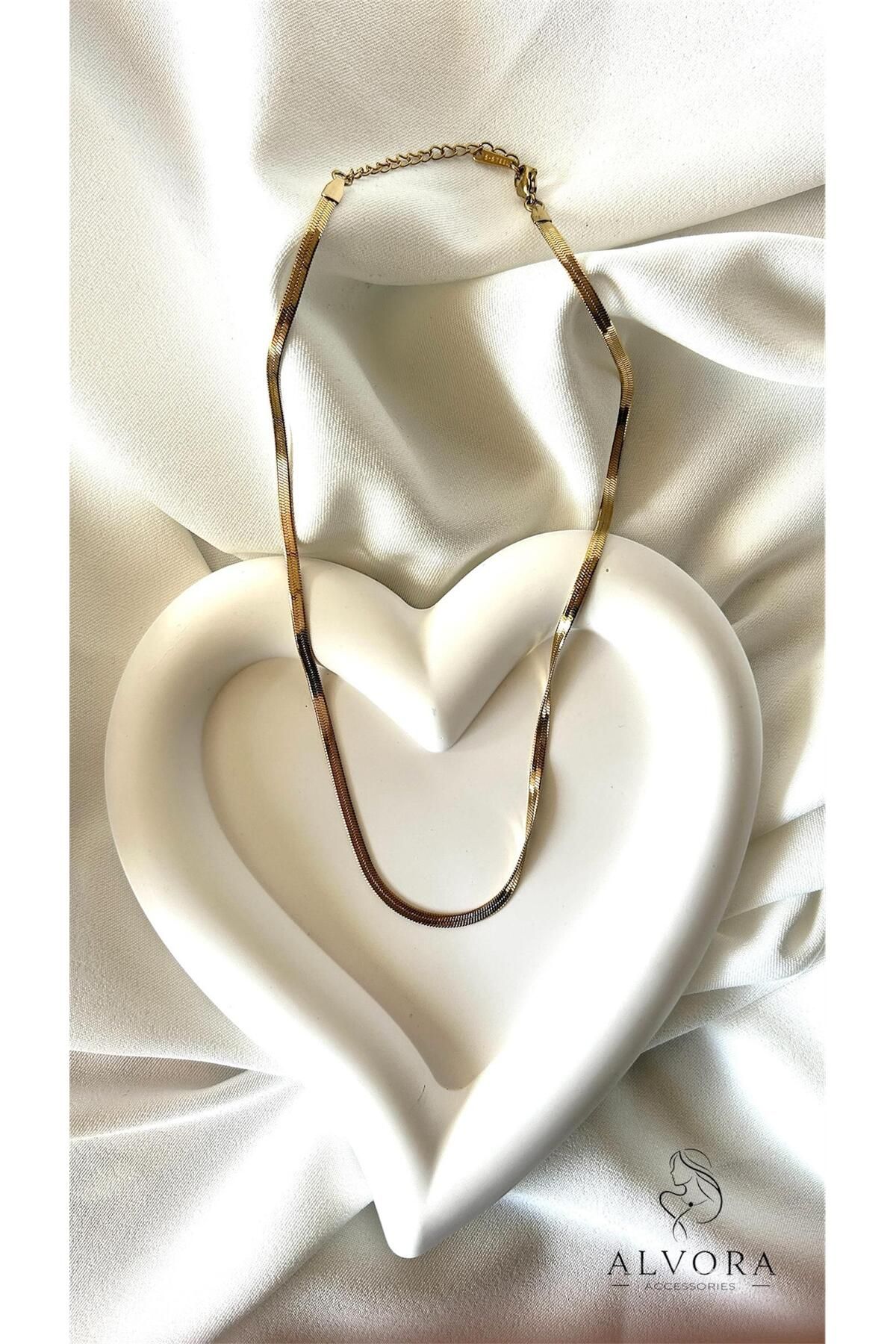 Alvora Accessories Çelik İtalyan Zincir Gold Yüksek Kalite Unisex Yassı Suya Dayanıklı Kararmaz Ezme Zincir