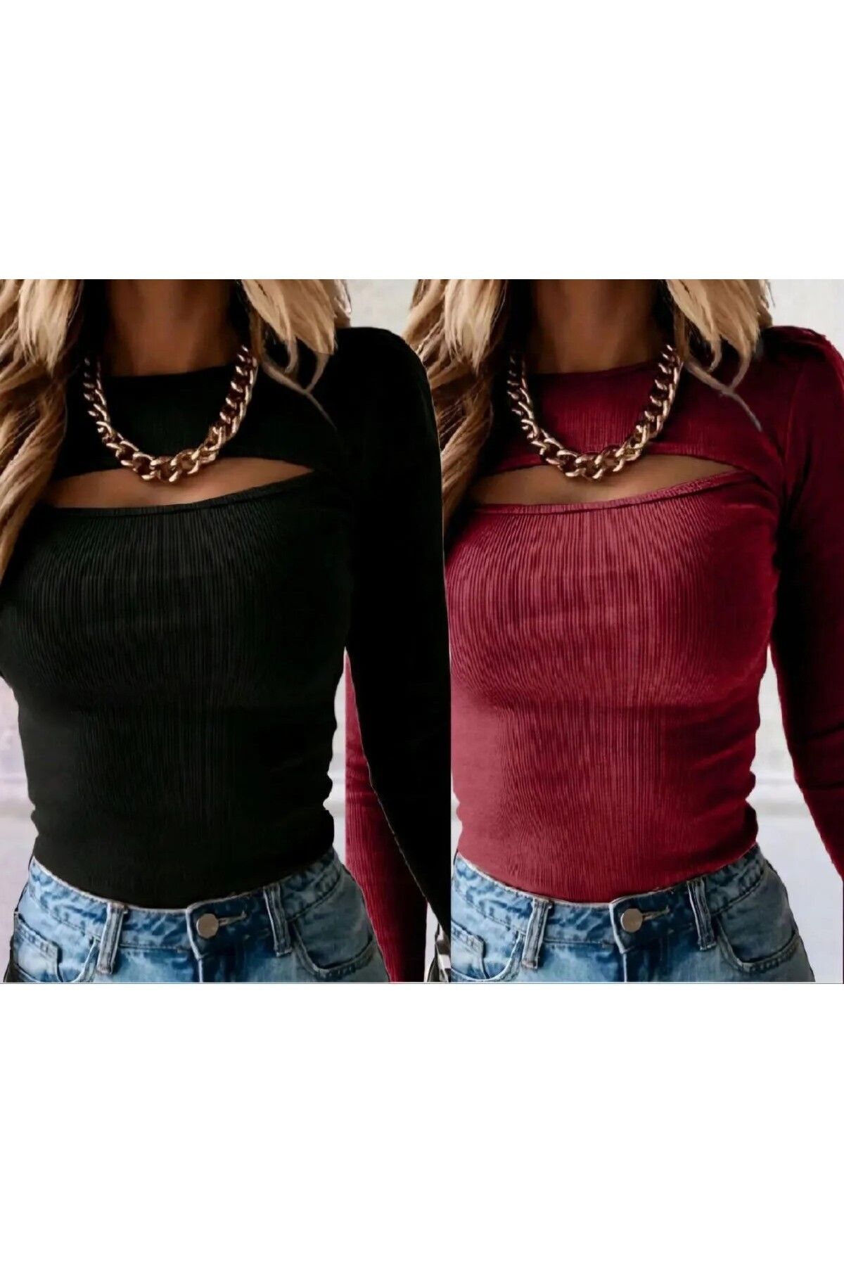 Stail Moda Kadın -Beyaz Uzun Kollu Bisiklet Yaka Göğüs Dekolteli Detay Kaşkorse Kadın Bluz Uzun Kollu Crop Bluz