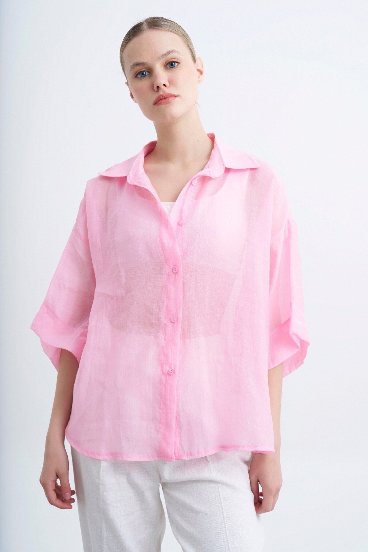 shieba outlet Premium Oversize tulle Kumaş Kısa Kol Gömlek