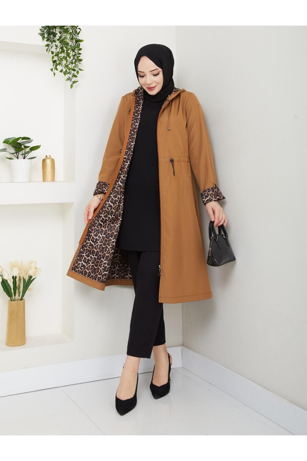 Dabenti women style Kadın Büyük Beden Leopar Detaylı Trençkot